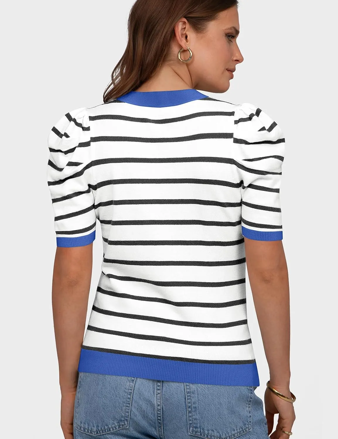 TARSE Women's Short Puff Sleeve Knit Tops Striped Crewneck Summer Sweater Casual Pullover Tops Shirts Trendy Outfits 2025