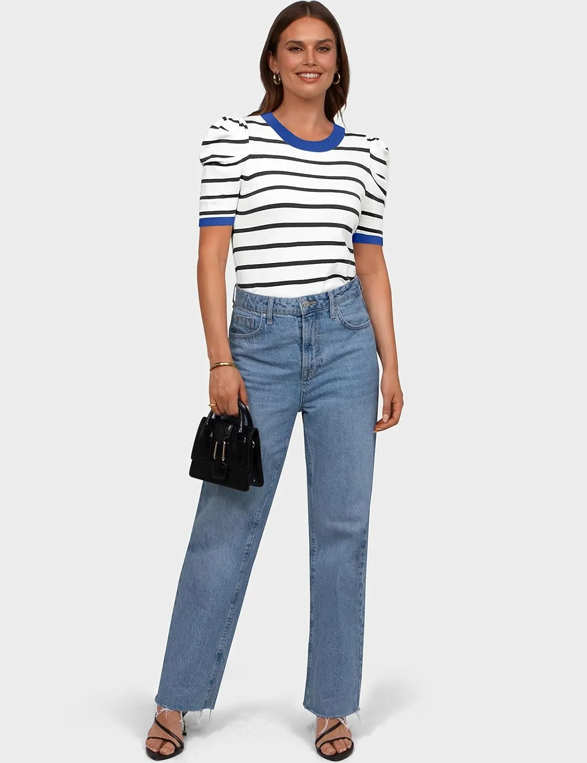 TARSE Women's Short Puff Sleeve Knit Tops Striped Crewneck Summer Sweater Casual Pullover Tops Shirts Trendy Outfits 2025