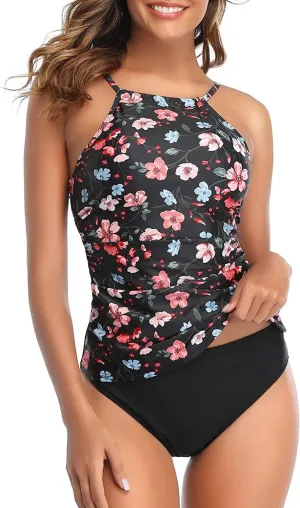 Tempt Me Two Piece Tankini Set Tummy Control Swimsuit for Women High Neck Top with Bottom Bathing Suits Ruched Swimwear