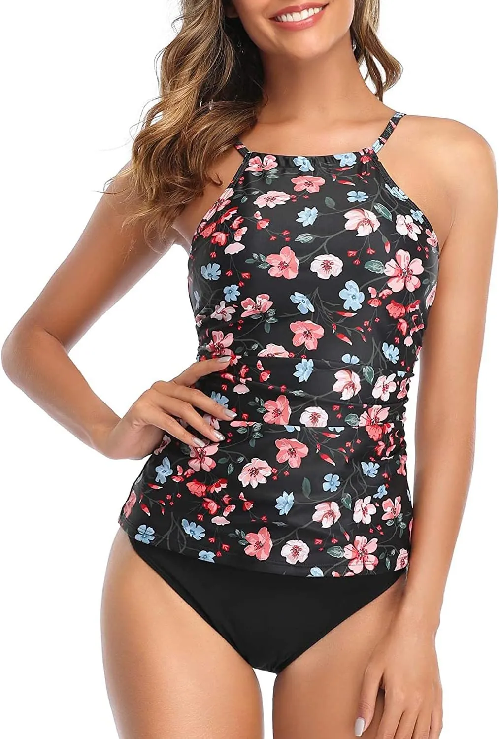 Tempt Me Two Piece Tankini Set Tummy Control Swimsuit for Women High Neck Top with Bottom Bathing Suits Ruched Swimwear