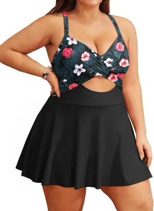 Tempt Me Women Plus Size One Piece Swimdress Cutout Swimsuit with Skirt V Neck Wrap Bathing Suits