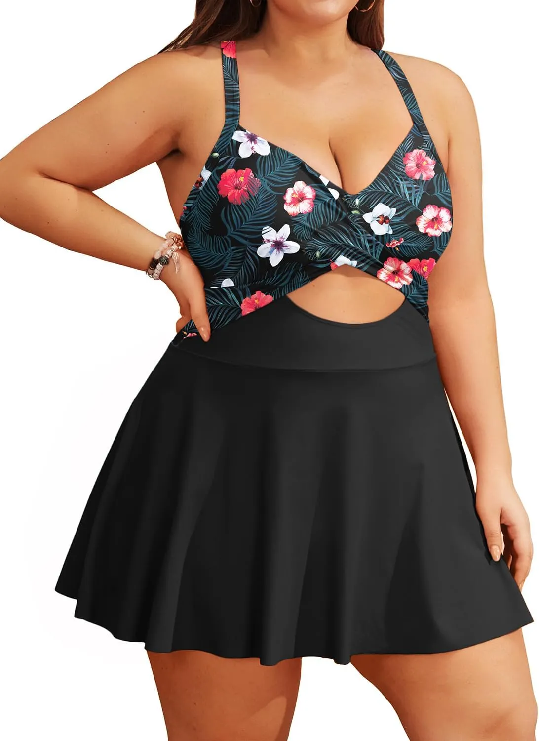 Tempt Me Women Plus Size One Piece Swimdress Cutout Swimsuit with Skirt V Neck Wrap Bathing Suits