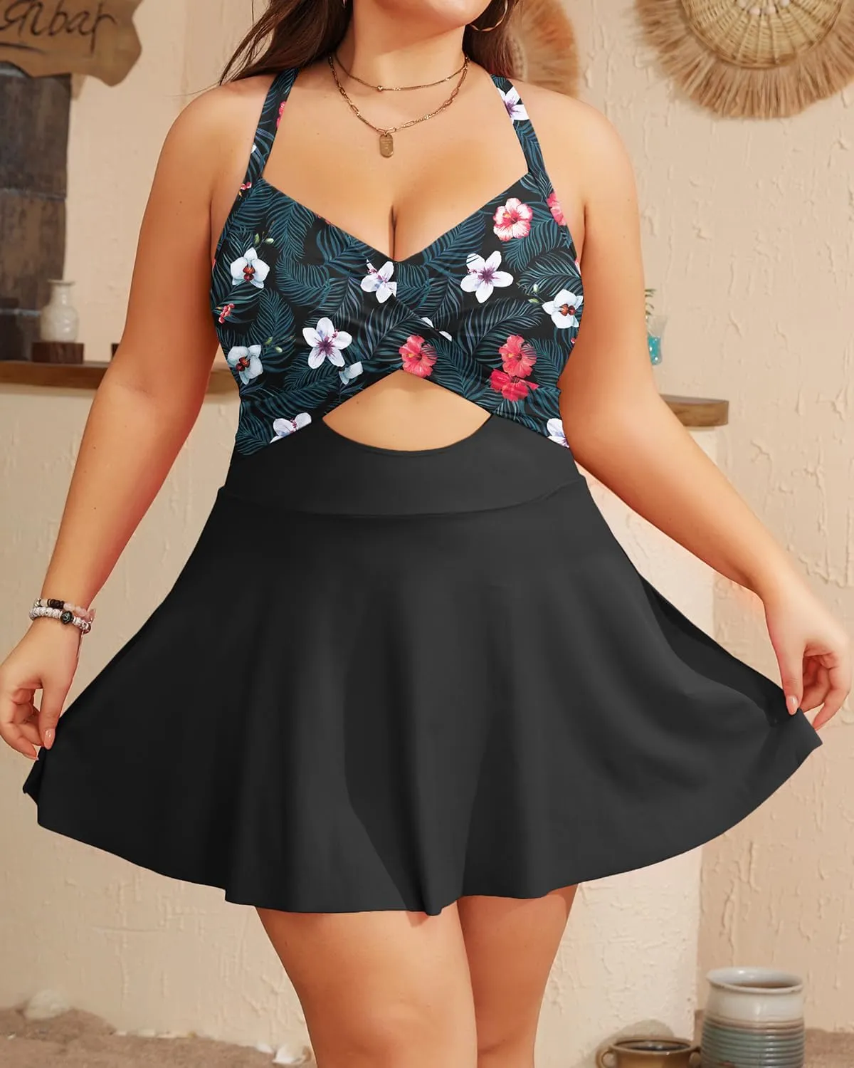Tempt Me Women Plus Size One Piece Swimdress Cutout Swimsuit with Skirt V Neck Wrap Bathing Suits