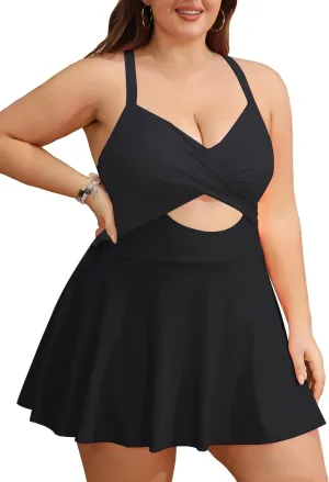 Tempt Me Women Plus Size One Piece Swimdress Cutout Swimsuit with Skirt V Neck Wrap Bathing Suits