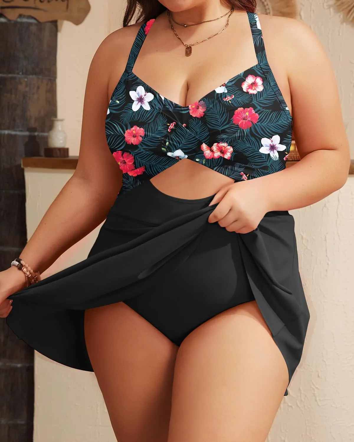 Tempt Me Women Plus Size One Piece Swimdress Cutout Swimsuit with Skirt V Neck Wrap Bathing Suits