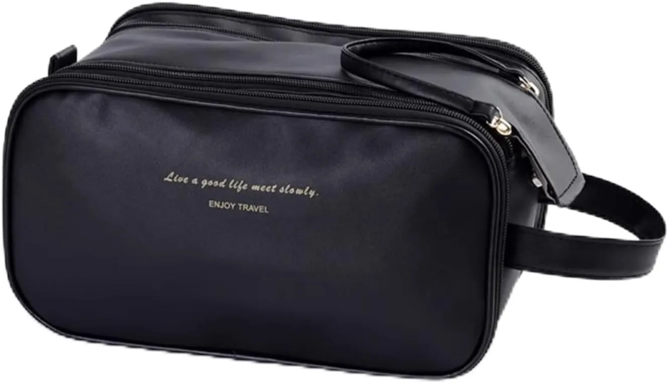 Toiletry Travel Bag For Women,PU Leather Large Waterproof Makeup Cosmetic Bag,Travel Organizer for Accessories (Black)
