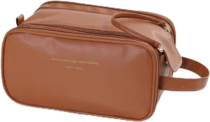 Toiletry Travel Bag For Women,PU Leather Large Waterproof Makeup Cosmetic Bag,Travel Organizer for Accessories (Brown)