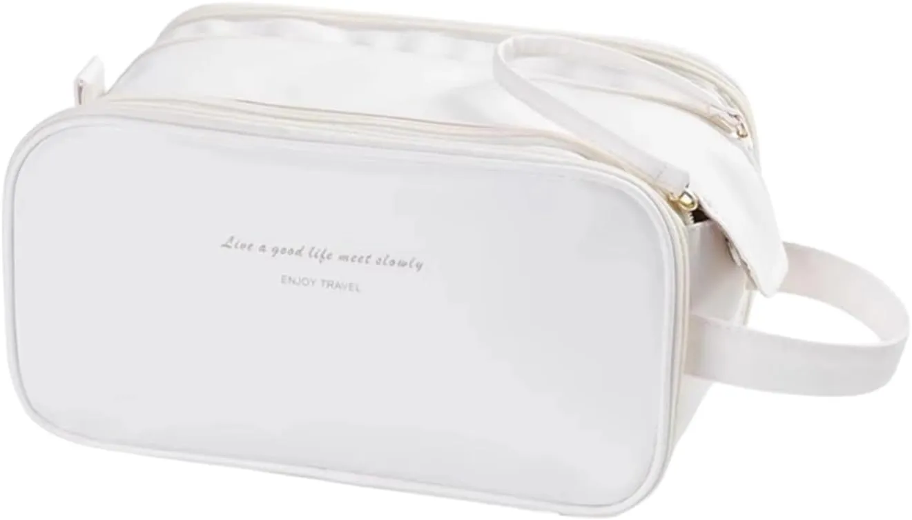 Toiletry Travel Bag For Women,PU Leather Large Waterproof Makeup Cosmetic Bag,Travel Organizer for Accessories(White)