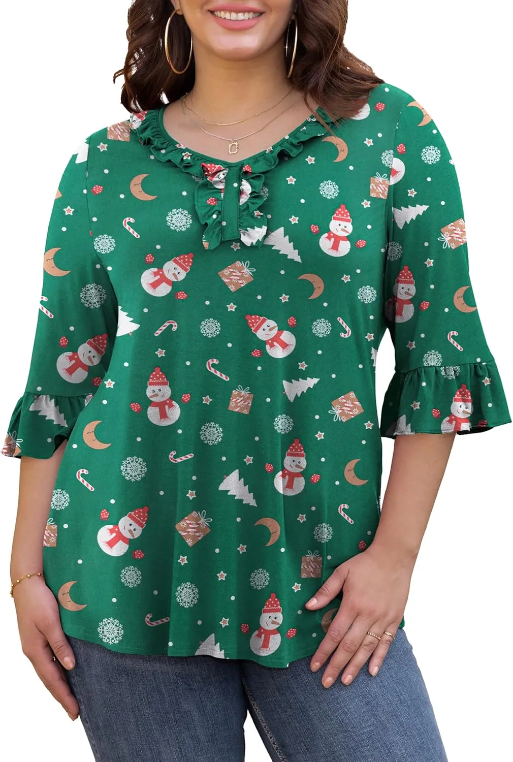 Tralilbee Women's Plus Size Tunic Tops 3/4 Roll Sleeve Shirts Lace Crochet V Neck Casual Blouses