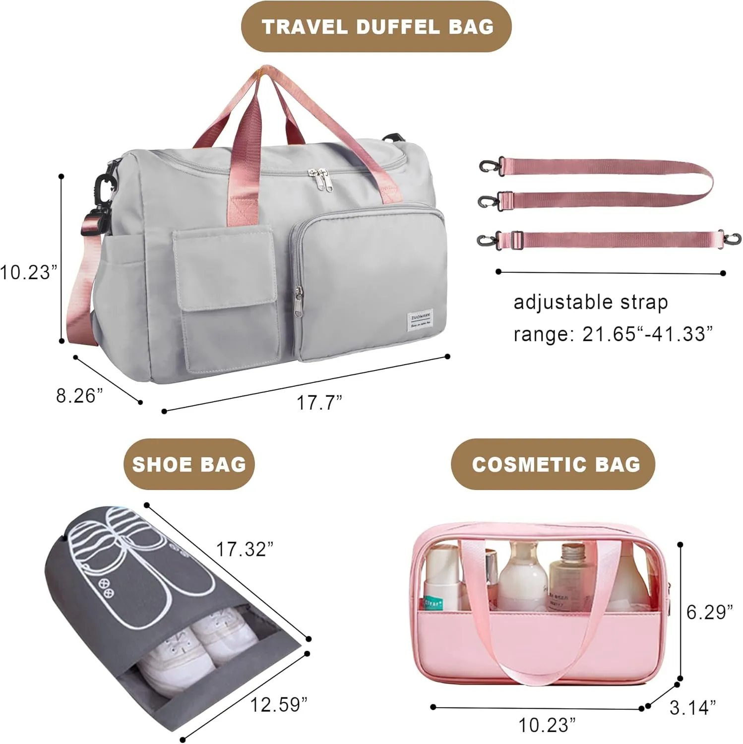 Travel Duffel, Large Weekender Overnight Bag with Shoes Compartment, Personal Tote Bag for Women or Men, Waterproof Carry-on Bag with Clear Cosmetic, 3Pcs Set (Grey Pink)