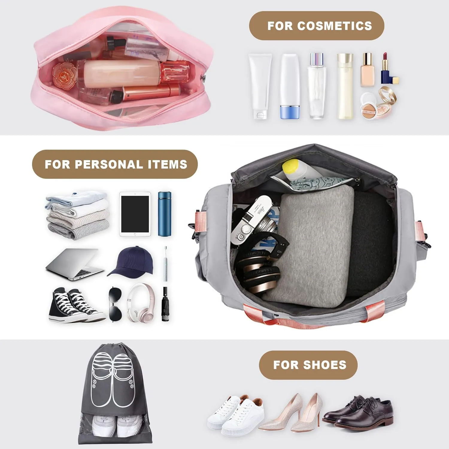 Travel Duffel, Large Weekender Overnight Bag with Shoes Compartment, Personal Tote Bag for Women or Men, Waterproof Carry-on Bag with Clear Cosmetic, 3Pcs Set (Grey Pink)