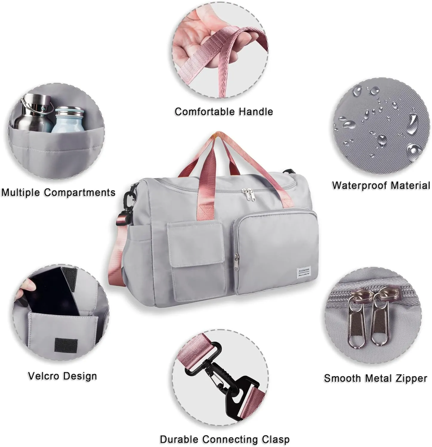 Travel Duffel, Large Weekender Overnight Bag with Shoes Compartment, Personal Tote Bag for Women or Men, Waterproof Carry-on Bag with Clear Cosmetic, 3Pcs Set (Grey Pink)