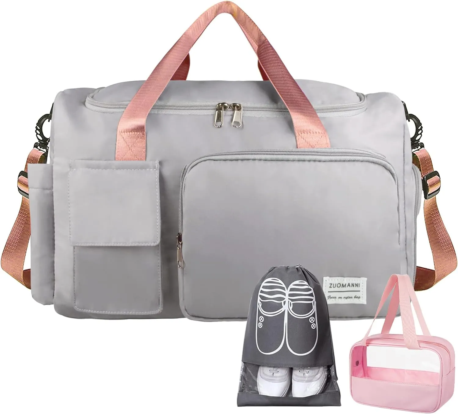 Travel Duffel, Large Weekender Overnight Bag with Shoes Compartment, Personal Tote Bag for Women or Men, Waterproof Carry-on Bag with Clear Cosmetic, 3Pcs Set (Grey Pink)
