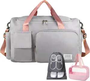 Travel Duffel, Large Weekender Overnight Bag with Shoes Compartment, Personal Tote Bag for Women or Men, Waterproof Carry-on Bag with Clear Cosmetic, 3Pcs Set (Grey Pink)