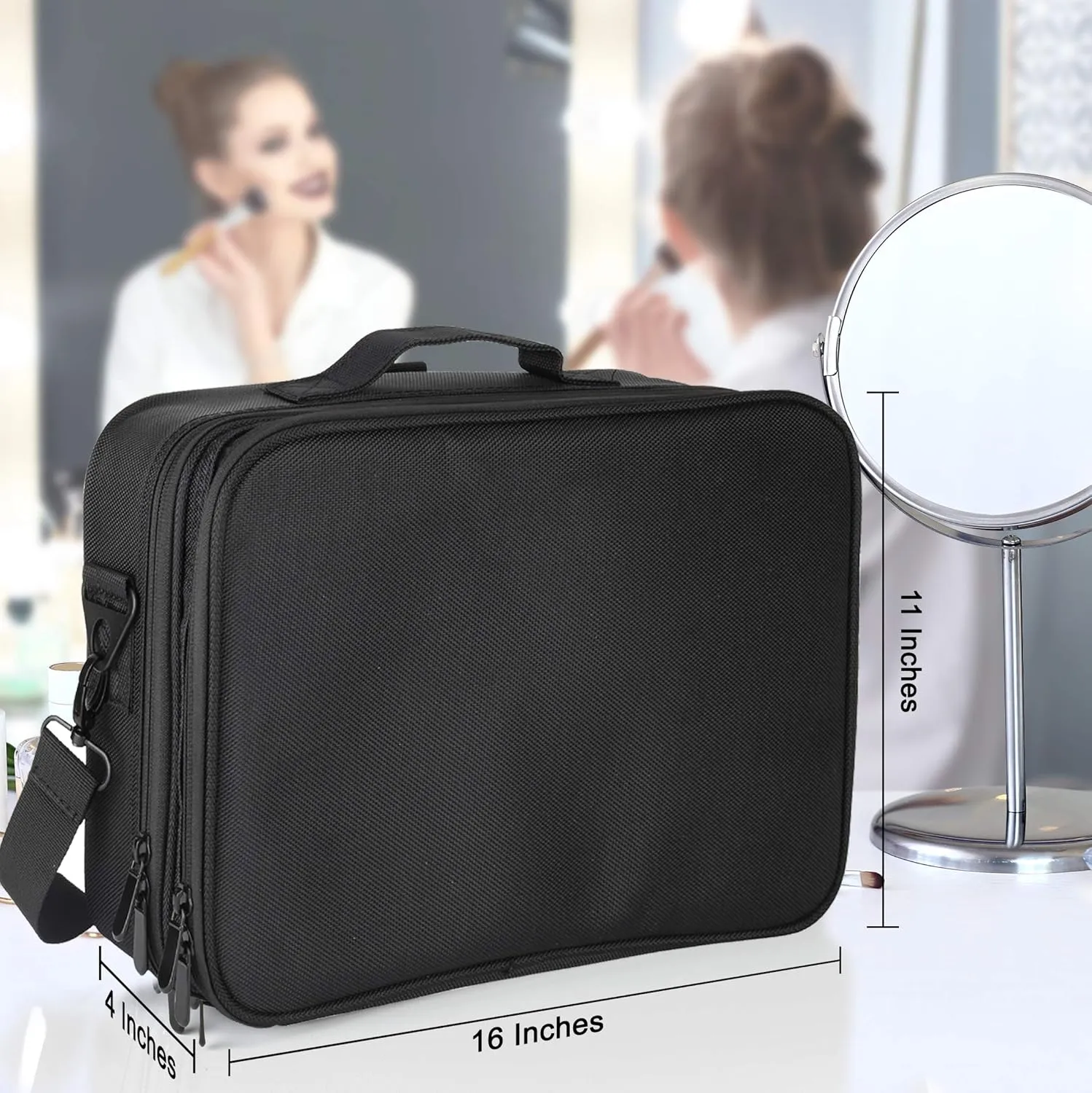 Travel Makeup Case Cosmetic Train traveling kit Organizer Portable Artist Storage Makeup Bag with Adjustable Dividers for Cosmetics Makeup Brushes Jewelry Digital Accessories 16x11x4 waterproof bag