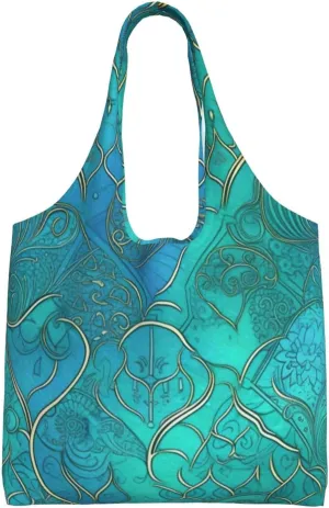 Turquoise Pattern Canvas Tote Bag Aesthetic Large Shoulder Bags Reusable Shopping Bags for Women Grocery Bag Purse