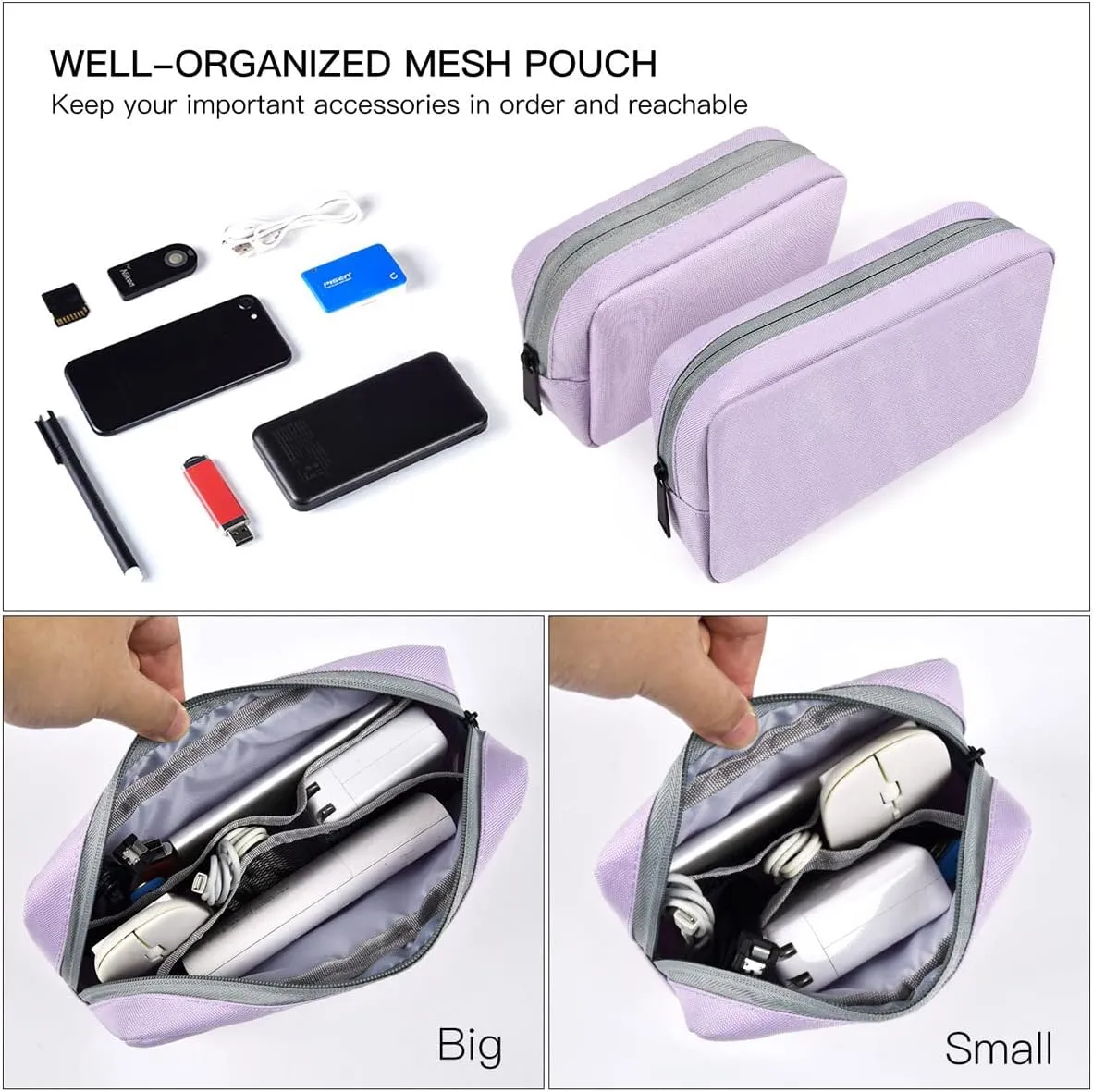 Universal Electronics Accessories Bag Pouch, 2-Pack Portable Soft Carrying Case Bag Wire Cable Organizer for Hard Drive, Power Adapter, Laptop Mouse, Cosmetics Kit, Cell Phone, Small Big-Purple