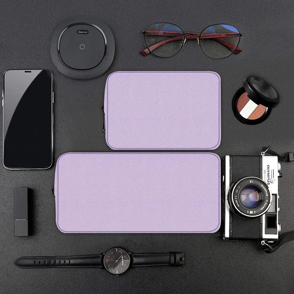 Universal Electronics Accessories Bag Pouch, 2-Pack Portable Soft Carrying Case Bag Wire Cable Organizer for Hard Drive, Power Adapter, Laptop Mouse, Cosmetics Kit, Cell Phone, Small Big-Purple