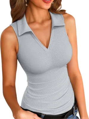 VICHYIE Womens Sleeveless Tank Tops Lapel Collared V Neck Slim Fitted Ribbed Knit Tight Polo Tops