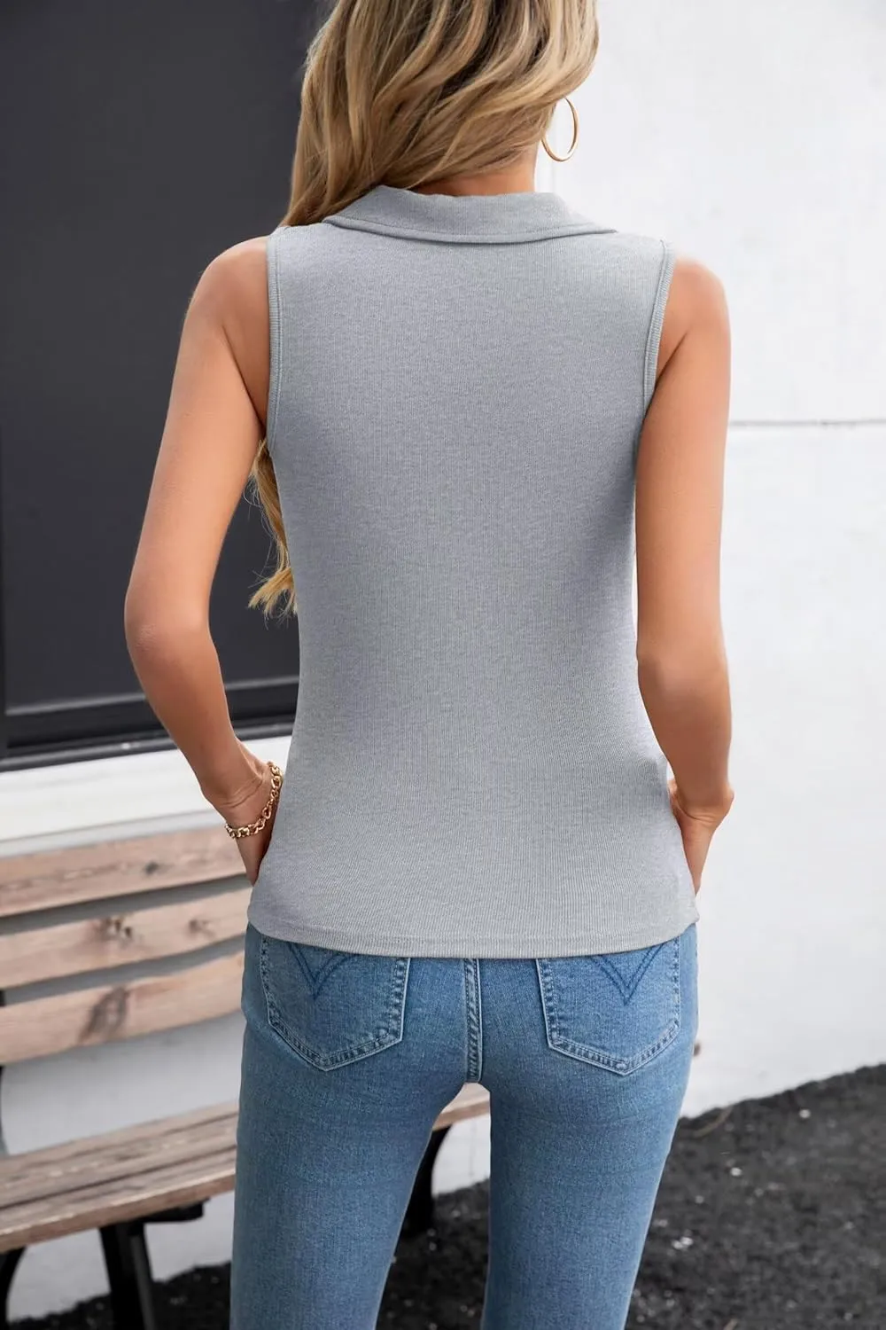 VICHYIE Womens Sleeveless Tank Tops Lapel Collared V Neck Slim Fitted Ribbed Knit Tight Polo Tops