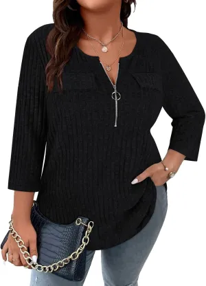 Viracy Women Plus Size Sweaters 3/4 Sleeve Zip V Neck Ribbed Solid Color Casual Blouses Tops XL-5XL