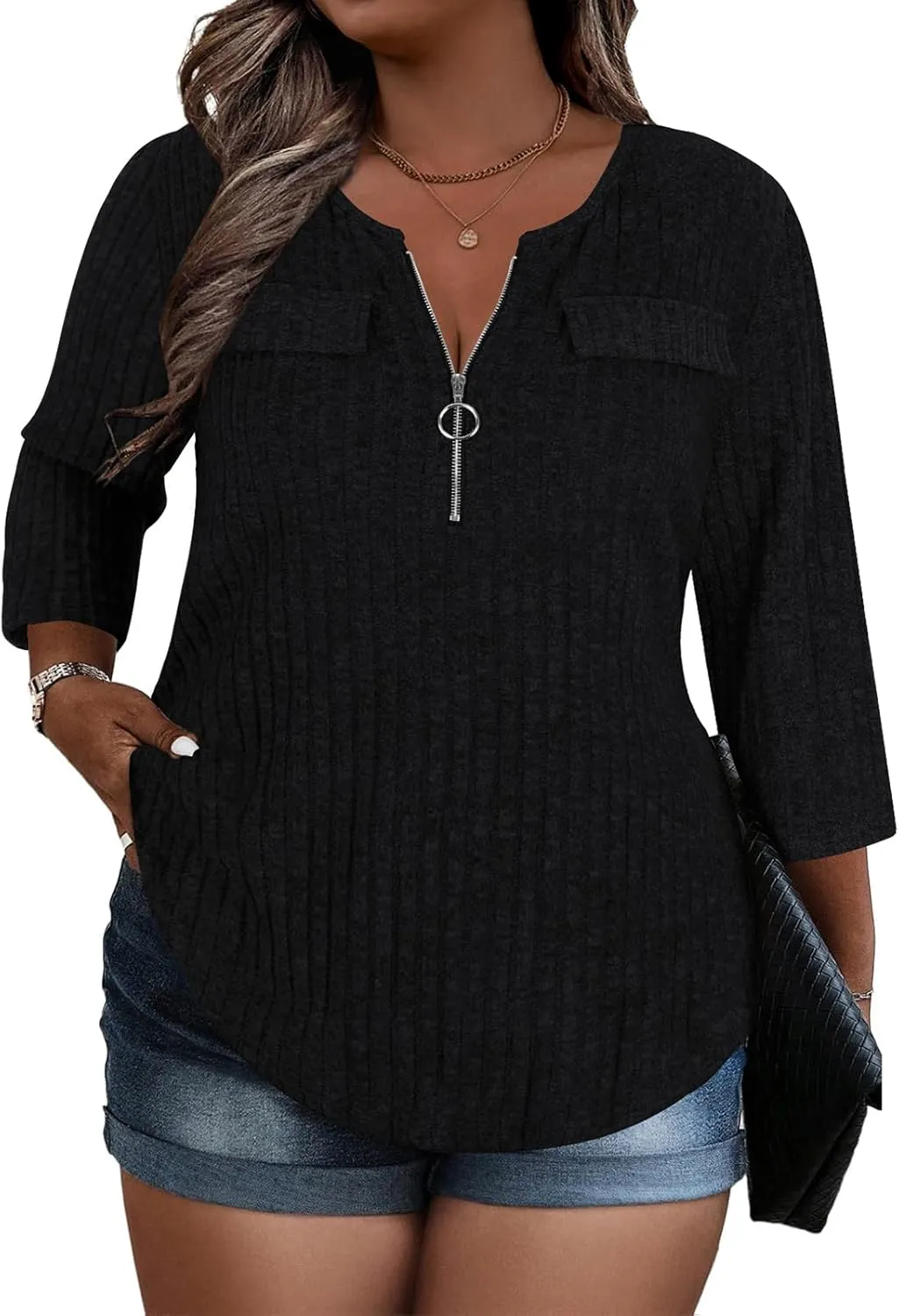 Viracy Women Plus Size Sweaters 3/4 Sleeve Zip V Neck Ribbed Solid Color Casual Blouses Tops XL-5XL
