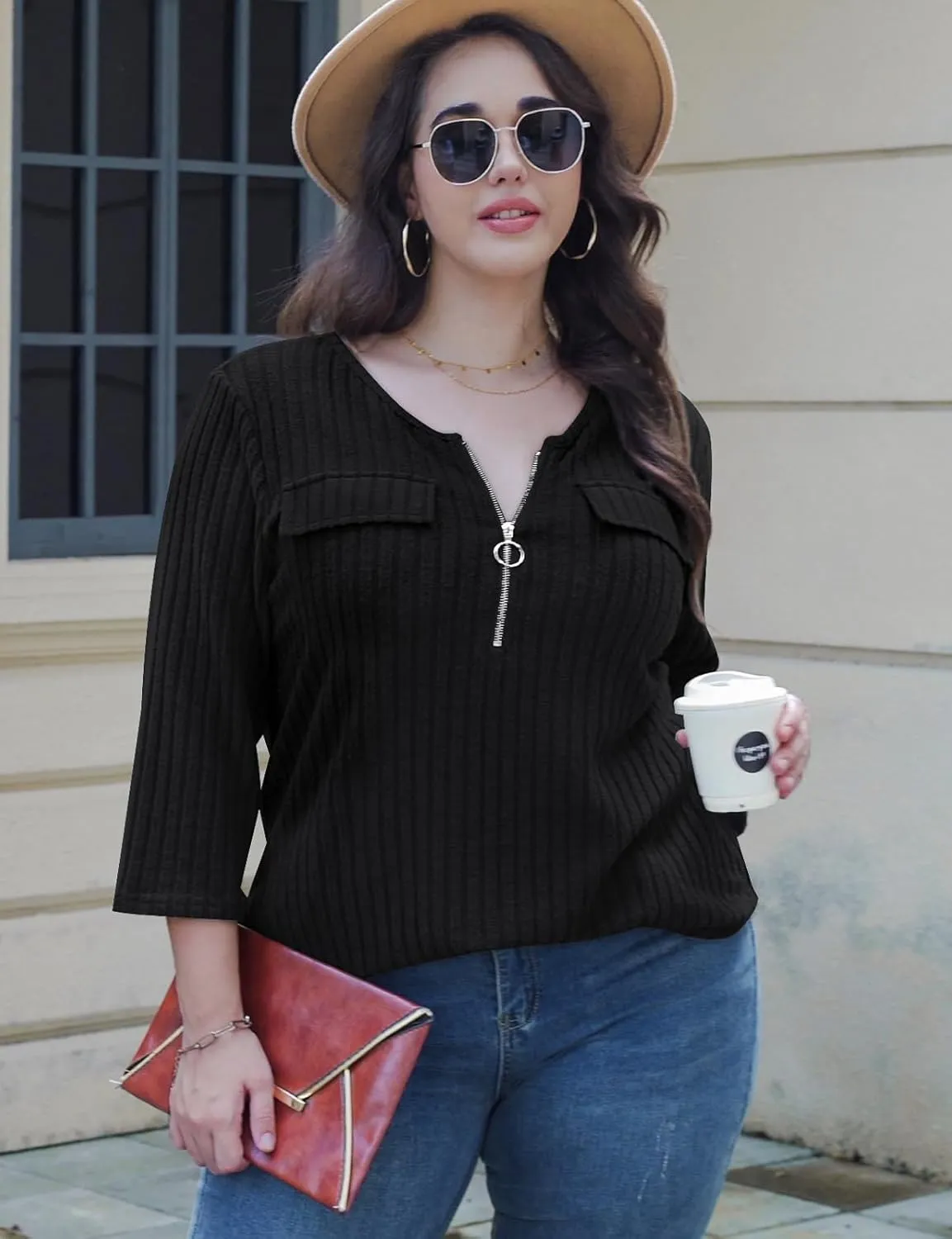 Viracy Women Plus Size Sweaters 3/4 Sleeve Zip V Neck Ribbed Solid Color Casual Blouses Tops XL-5XL