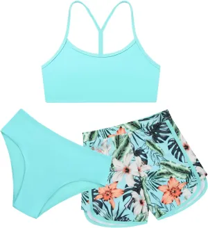 Weixinbuy Girls 3 Piece Swimsuit Bathing Suits Solid Bikini Set with Printed Sports Shorts Swimwear for 9-16Y Teen Girls