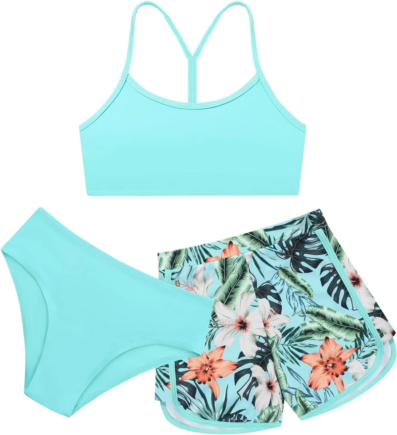 Weixinbuy Girls 3 Piece Swimsuit Bathing Suits Solid Bikini Set with Printed Sports Shorts Swimwear for 9-16Y Teen Girls