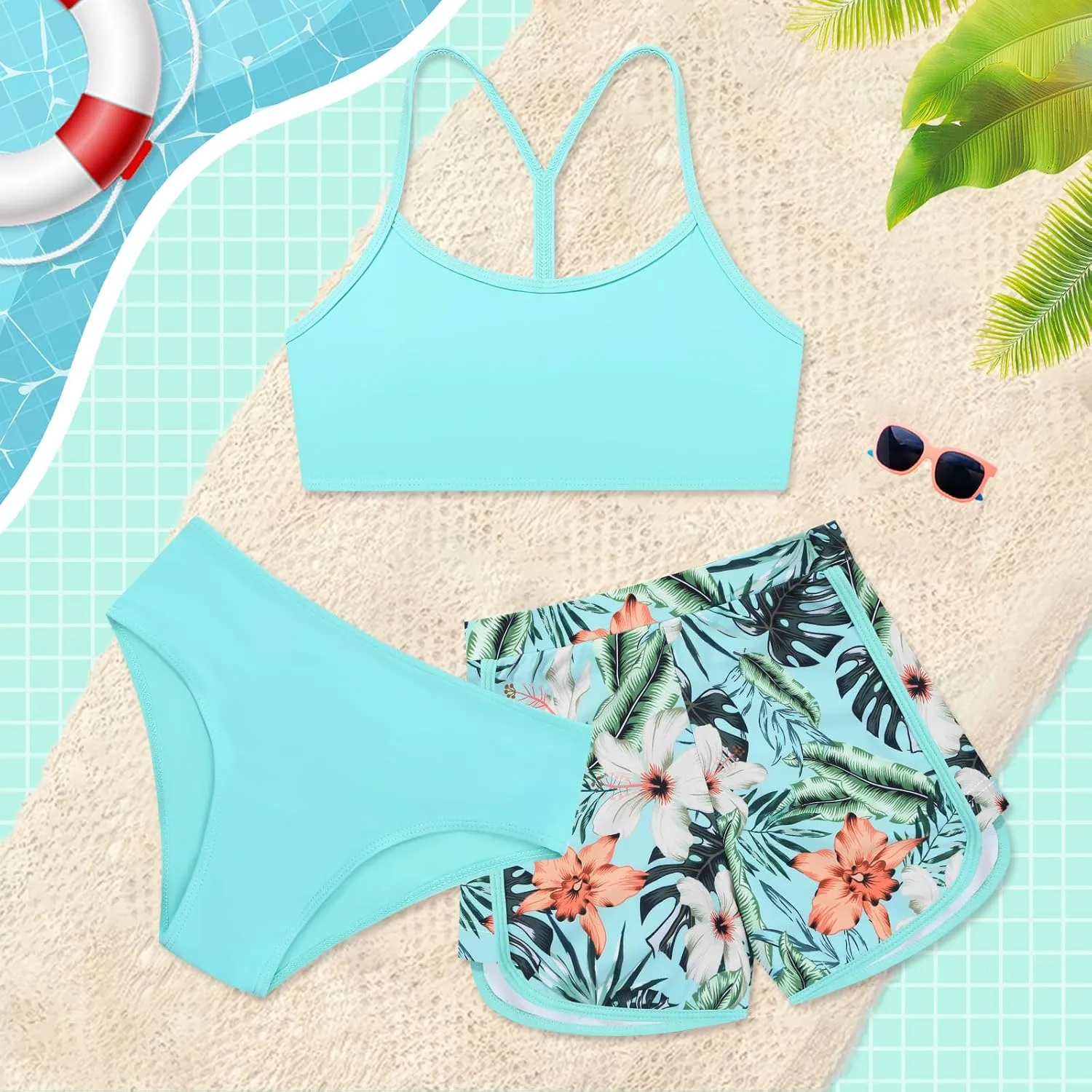 Weixinbuy Girls 3 Piece Swimsuit Bathing Suits Solid Bikini Set with Printed Sports Shorts Swimwear for 9-16Y Teen Girls