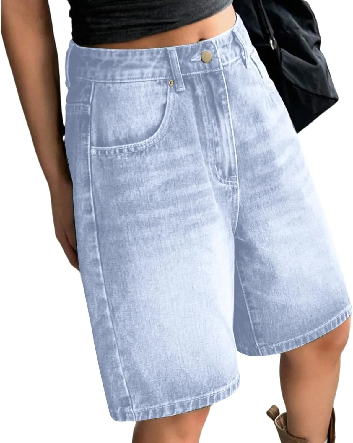 Women Baggy Denim Jorts Mid-Low Waist Y2K Cargo Shorts Summer Streetwear Wide Leg Short Pants with Deep Pockets