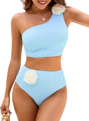 Women Bestselling Bikini Sets One Shoulder Swimsuits 2 Piece Tummy Control Bathing Suits High Waisted Floral 2025