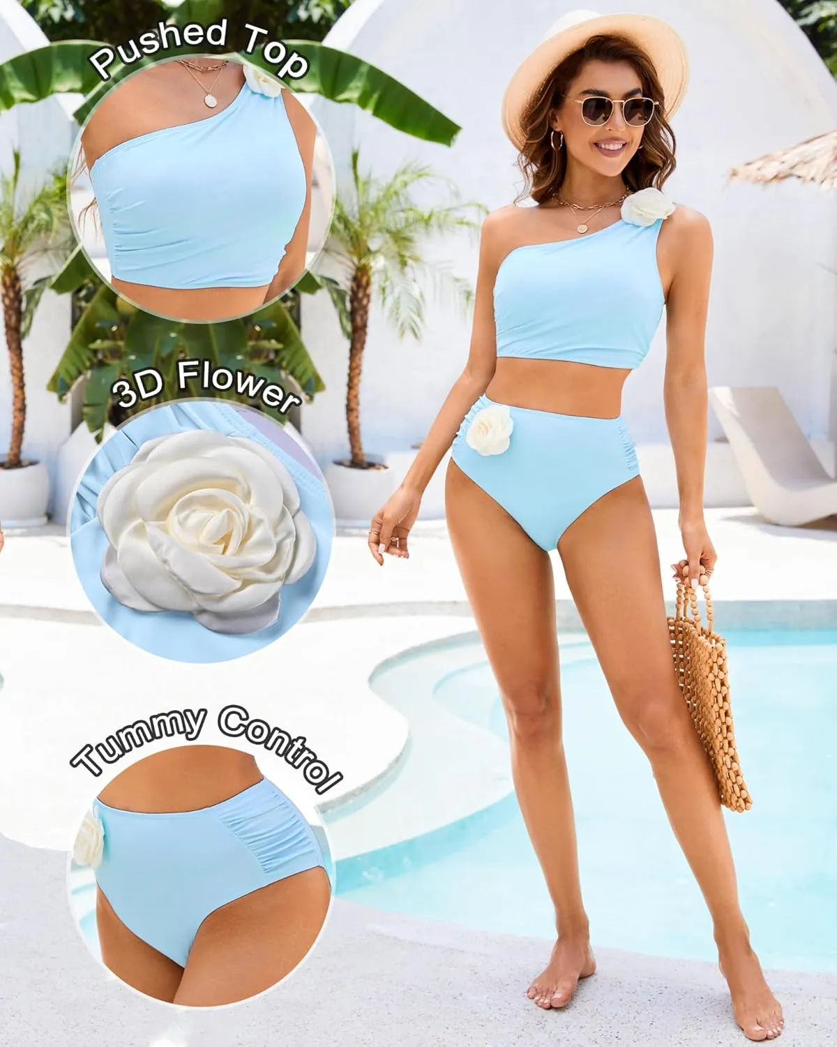 Women Bestselling Bikini Sets One Shoulder Swimsuits 2 Piece Tummy Control Bathing Suits High Waisted Floral 2025