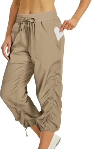 Women Capri Pants Wide Leg Cropped Pants Drawstring Elastic High Waist Pant Casual Baggy Jogger Quick Dry Flowy Trouser