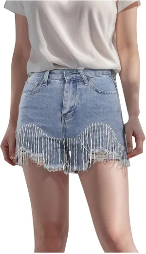 Women Denim Shorts High Waisted Summer Short Pants Hem Ripped Trendy Hot Pants Casual Jean Shorts with Tassel