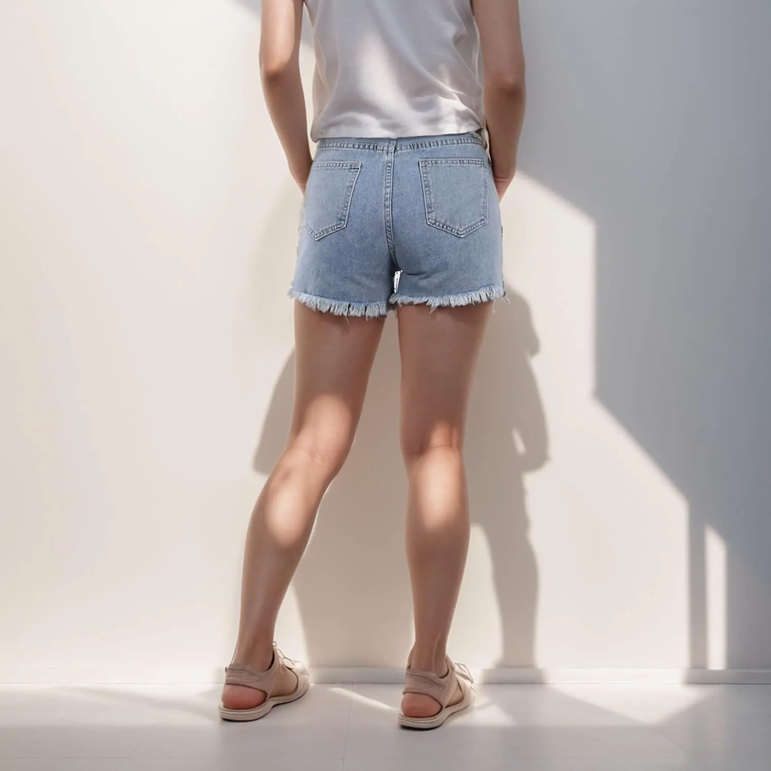 Women Denim Shorts High Waisted Summer Short Pants Hem Ripped Trendy Hot Pants Casual Jean Shorts with Tassel