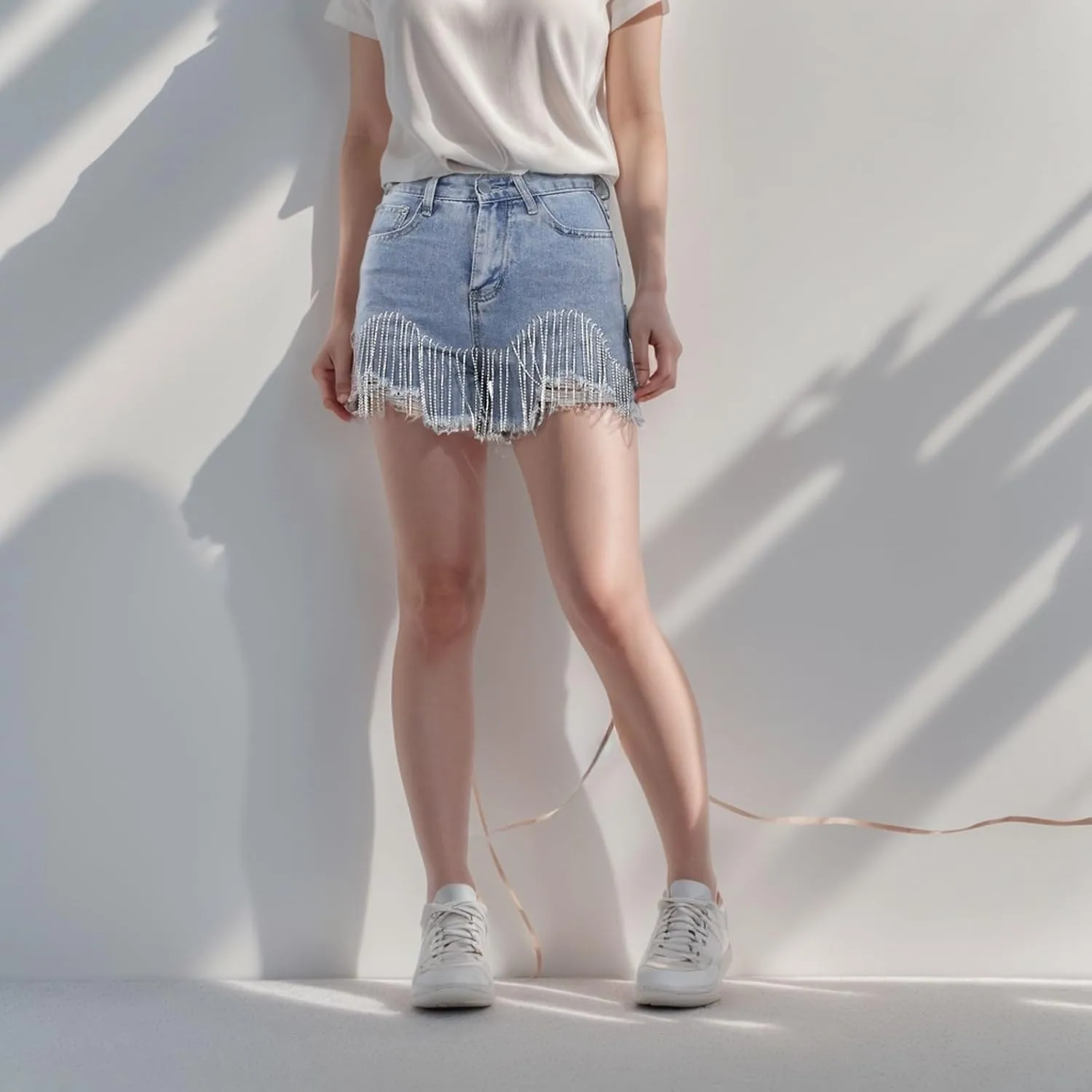 Women Denim Shorts High Waisted Summer Short Pants Hem Ripped Trendy Hot Pants Casual Jean Shorts with Tassel