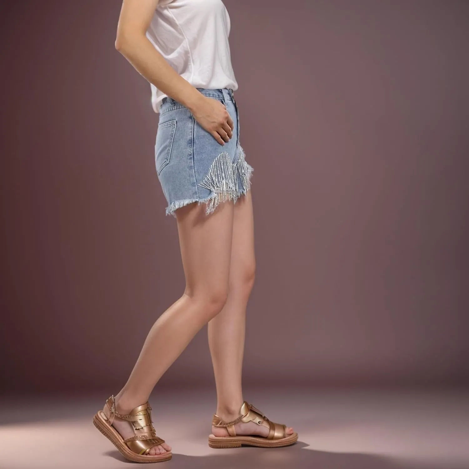 Women Denim Shorts High Waisted Summer Short Pants Hem Ripped Trendy Hot Pants Casual Jean Shorts with Tassel