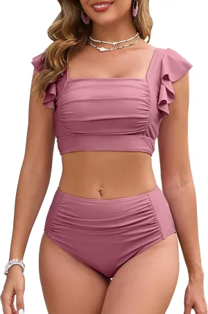 Women High Waisted Bikini Sets Square Neck Swimsuits Ruffle Cheeky Tummy Control Solid Two Piece Bathing Suit
