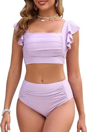 Women High Waisted Bikini Sets Square Neck Swimsuits Ruffle Cheeky Tummy Control Solid Two Piece Bathing Suit