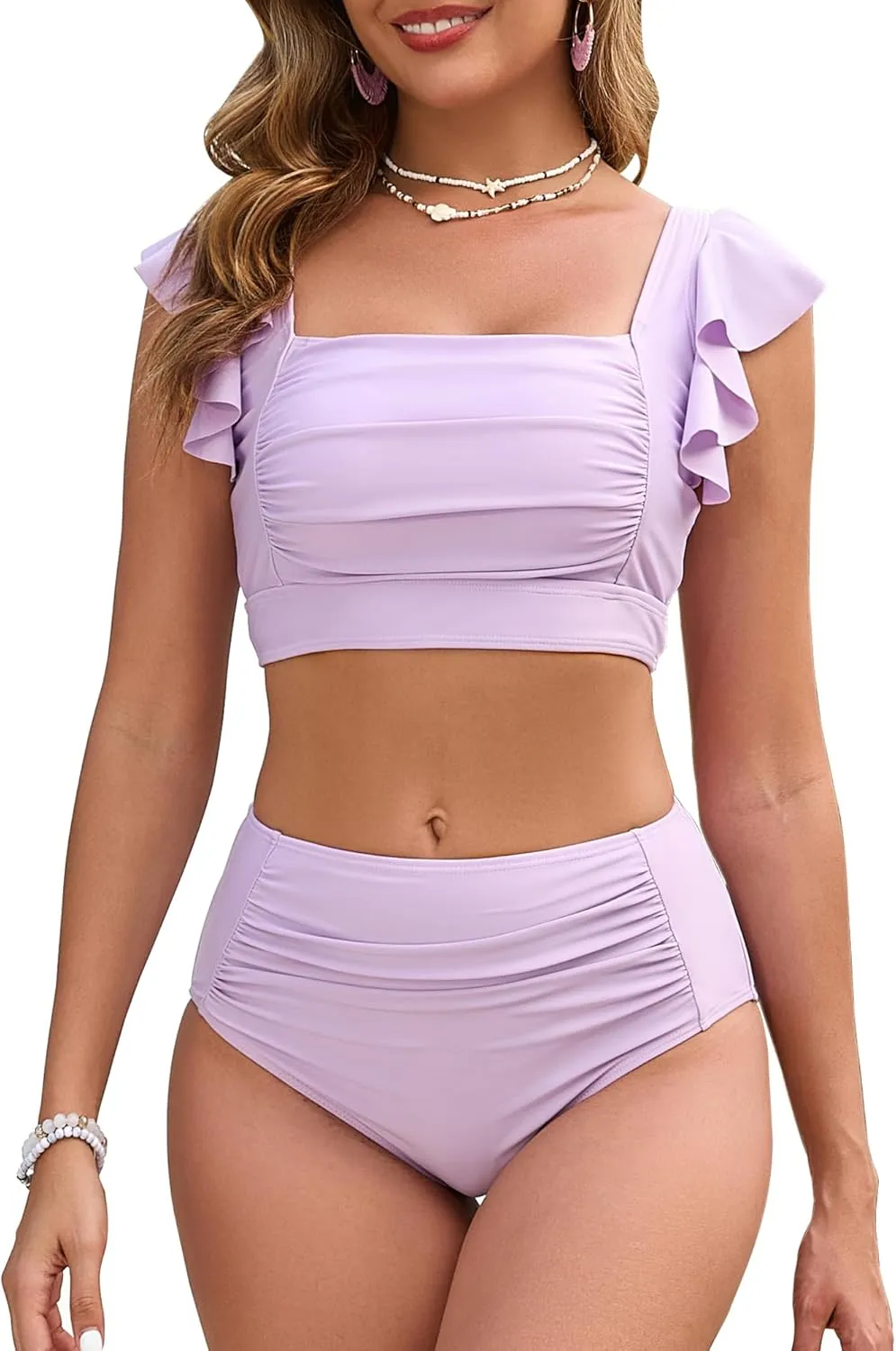 Women High Waisted Bikini Sets Square Neck Swimsuits Ruffle Cheeky Tummy Control Solid Two Piece Bathing Suit