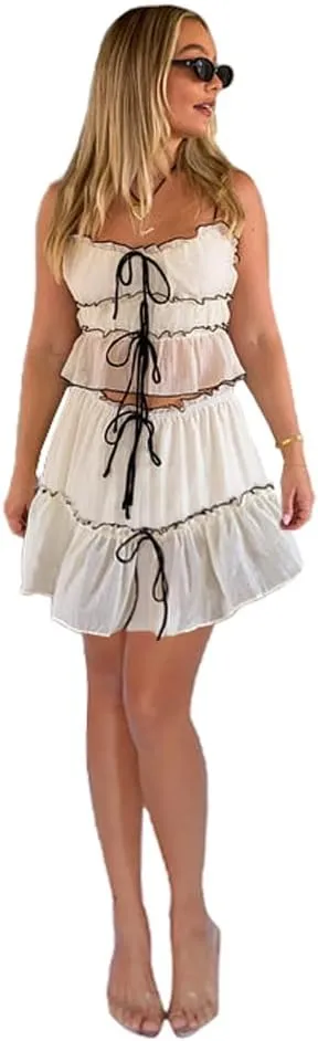 Women Y2k 2 Piece Outfits Ruched Ruffle Front Tie-Up Camisoles and Maxi Skirt Set Tank Top Beachwear