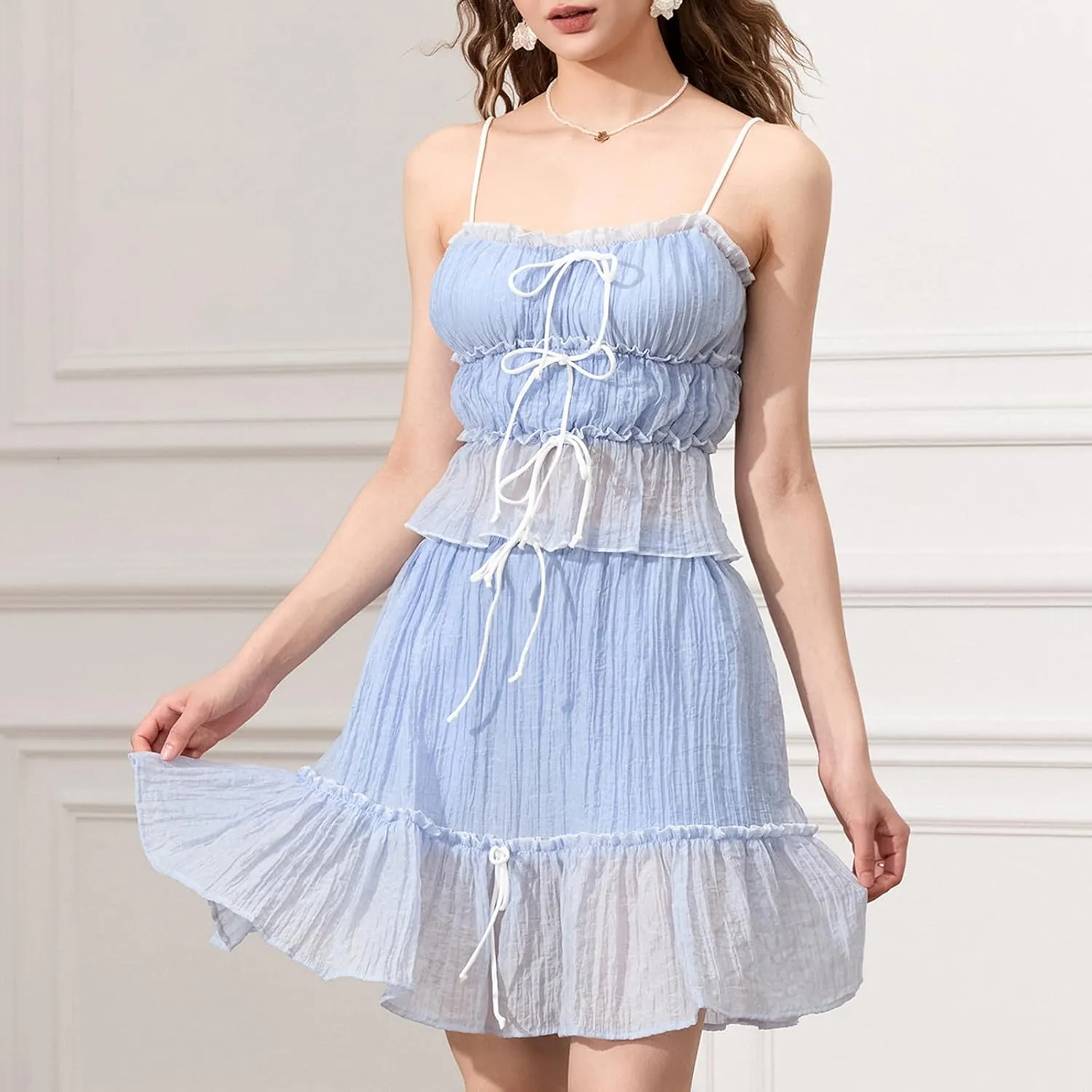 Women Y2k 2 Piece Outfits Ruched Ruffle Front Tie-Up Camisoles and Maxi Skirt Set Tank Top Beachwear