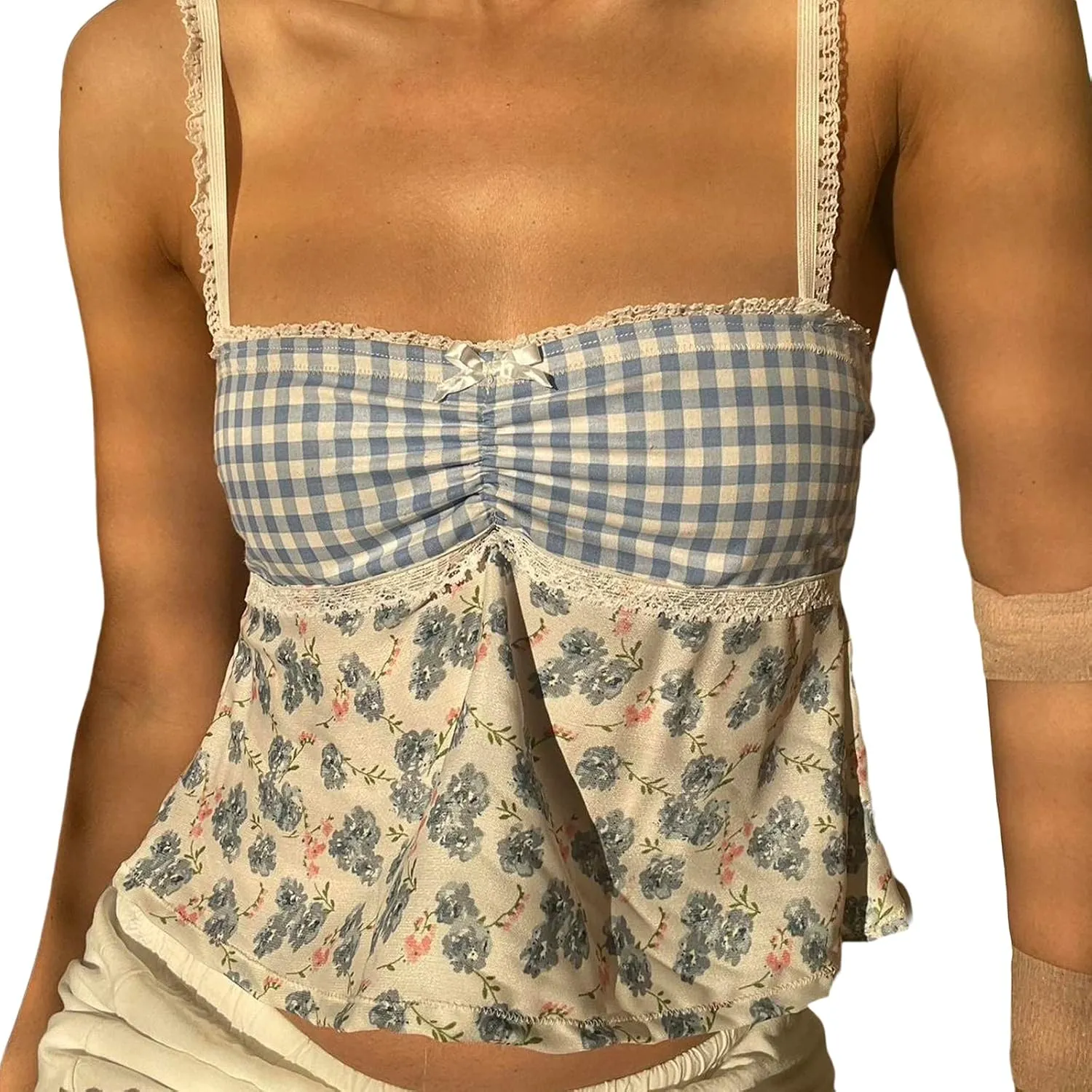 Women Y2k Spaghetti Strap Lace Camisole Sleeveless Floral Ruffle Crop Cami Top Slim Fit Going Out Tops Streetwear