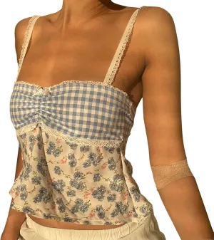 Women Y2k Spaghetti Strap Lace Camisole Sleeveless Floral Ruffle Crop Cami Top Slim Fit Going Out Tops Streetwear