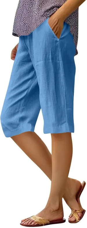 Women's Bermuda Shorts Lightweight Casual Cotton Linen Trouser Short Wide Leg 2025 Summer Beach Pants with Pockets