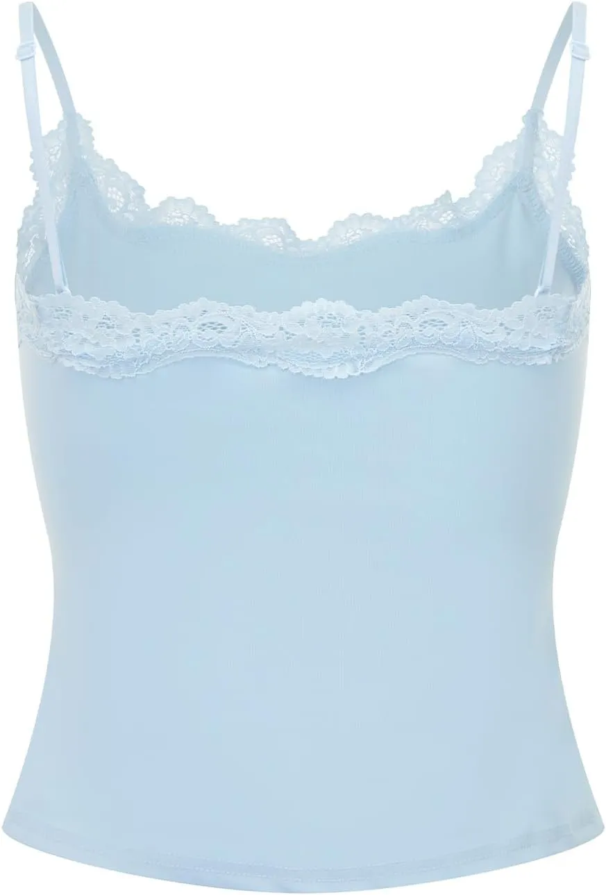 Women's Cami Tops Spaghetti Strap Sleeveless Lace Trim Solid Color Slim Fit Camisole Summer Tops