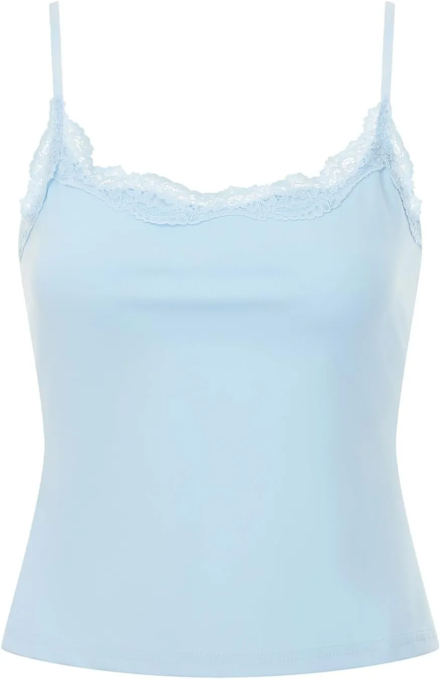 Women's Cami Tops Spaghetti Strap Sleeveless Lace Trim Solid Color Slim Fit Camisole Summer Tops
