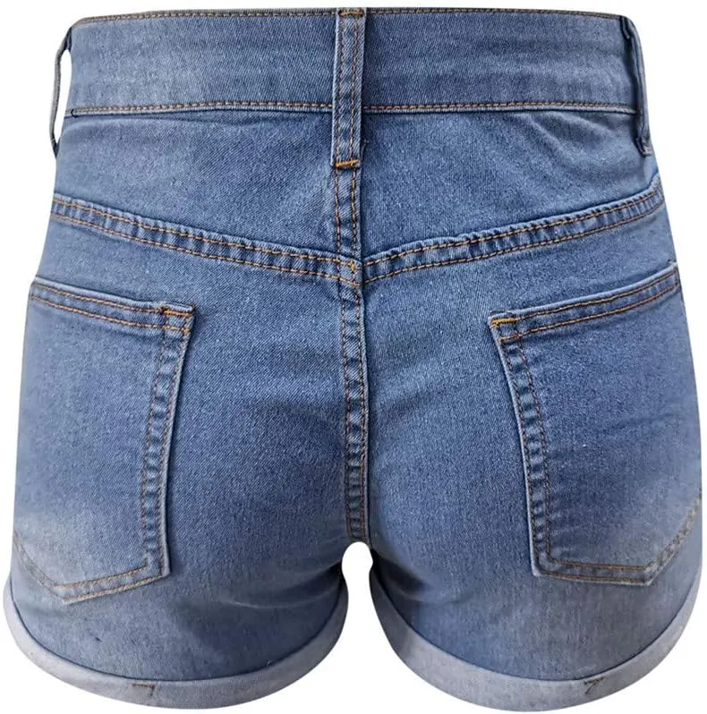 Women's High Waisted Stretchy Denim Shorts Cuffed Jean Summer Stretchy Ripped Jean Shorts for Women with Pockets