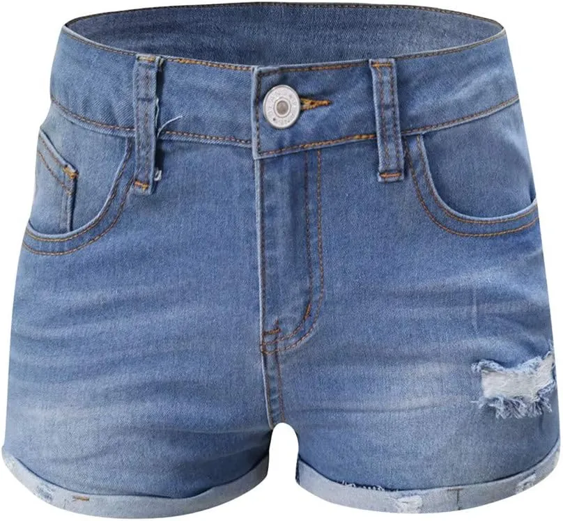 Women's High Waisted Stretchy Denim Shorts Cuffed Jean Summer Stretchy Ripped Jean Shorts for Women with Pockets